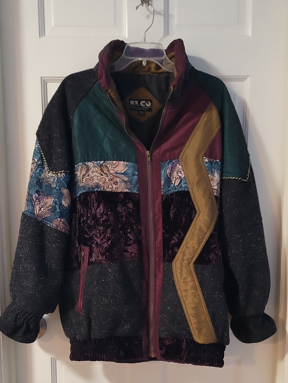 Vintage 90s ELCO Patchwork Jacket Velvet Tapestry Colorblock Jacker 1992 Sz L